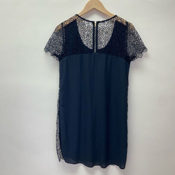 Navy Blue Lace Floral Shift Mini Dress Short Sleeve Scoop Neck Lined - Picture 5 of 6